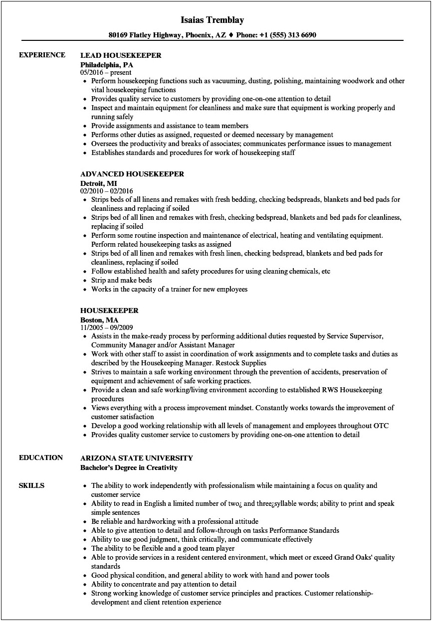 Residential Housekeeper Job Description For Resume