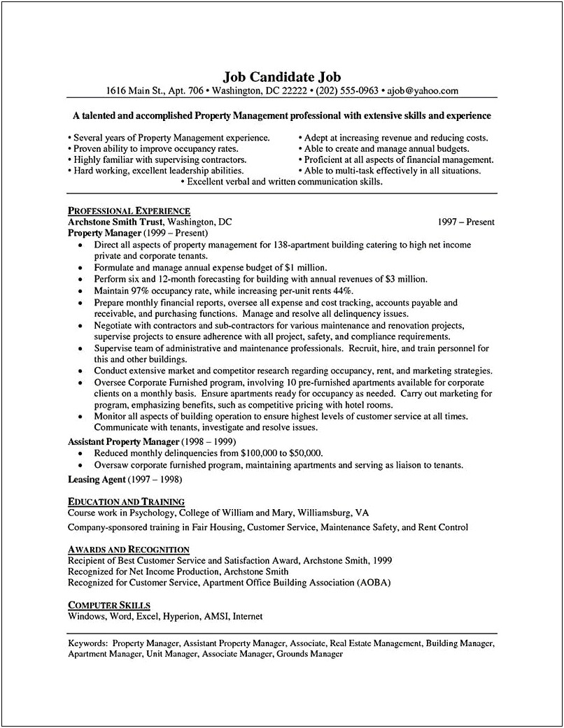 Residential Property Management Property Manager Resume