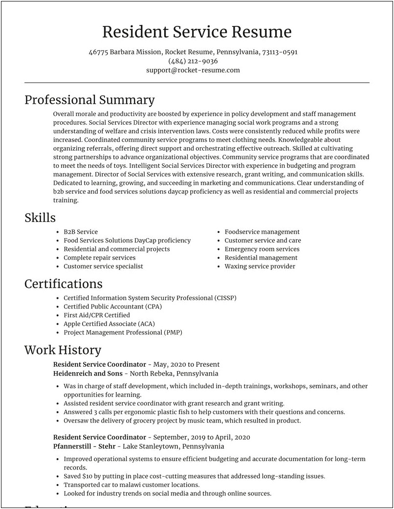 Residential Service Coordinator Job Description For Resume