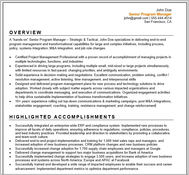 Responsibilities Of A Project Manager Resume