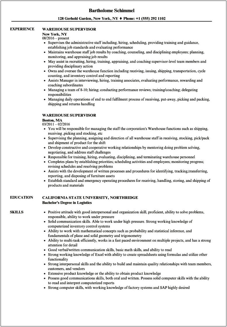 Responsibility Of Warehouse Worker In A Resume