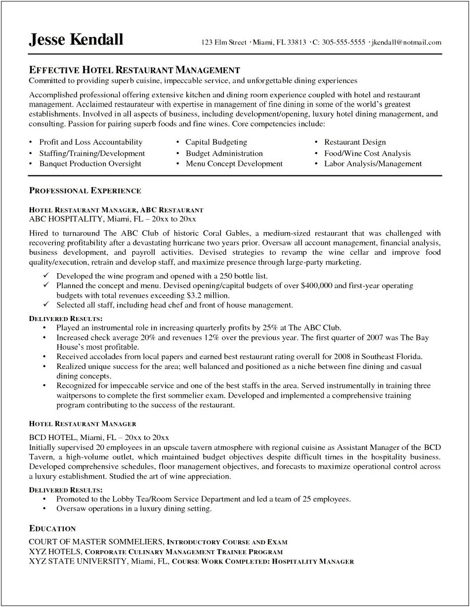 Restaurant Floor Supervisor Job Description For Resume