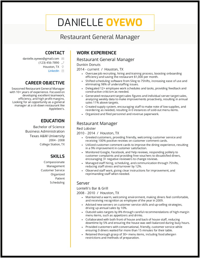 Restaurant General Manager Applying For Career Resume Example