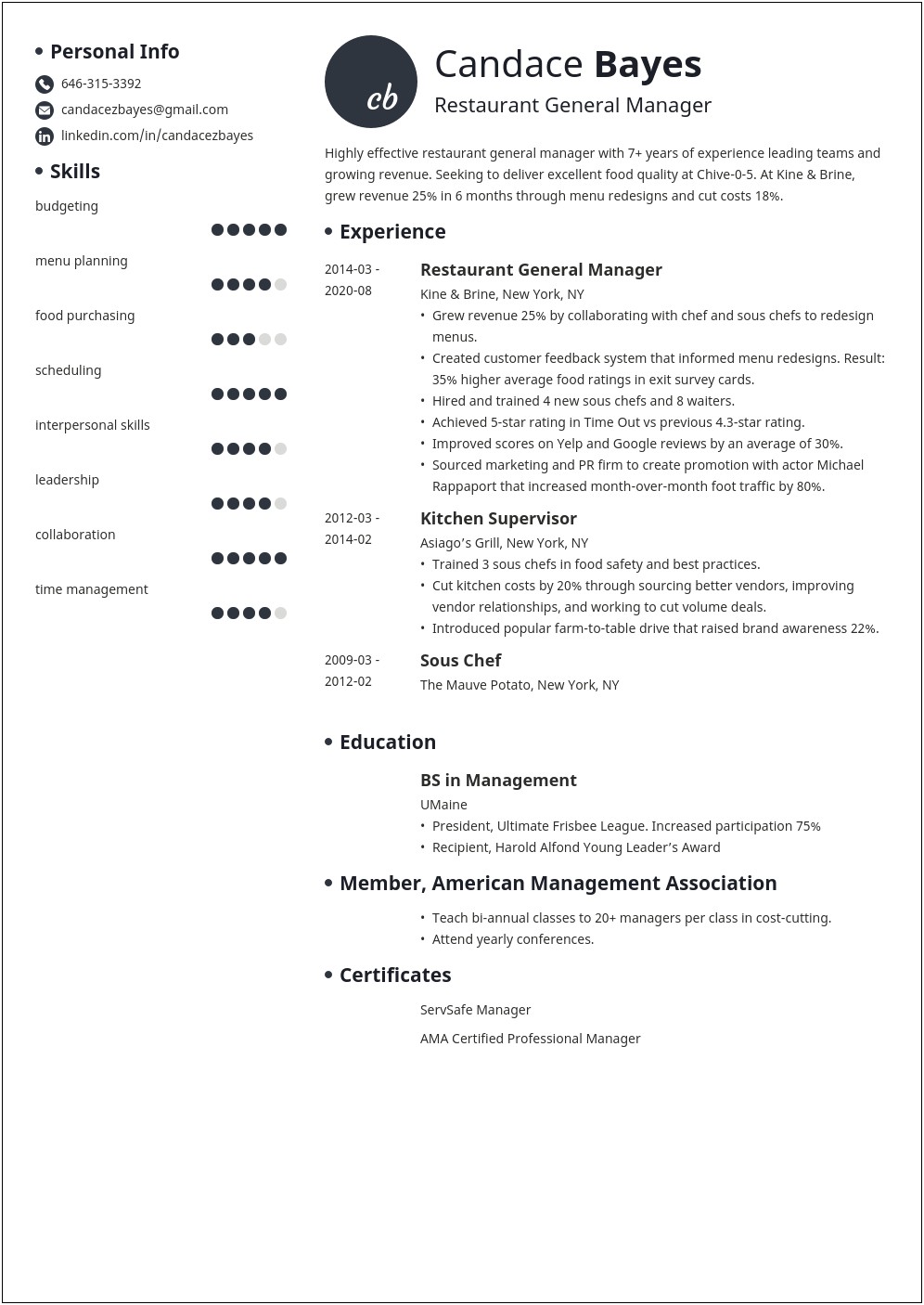 Restaurant General Manager Job Description Resume Sample