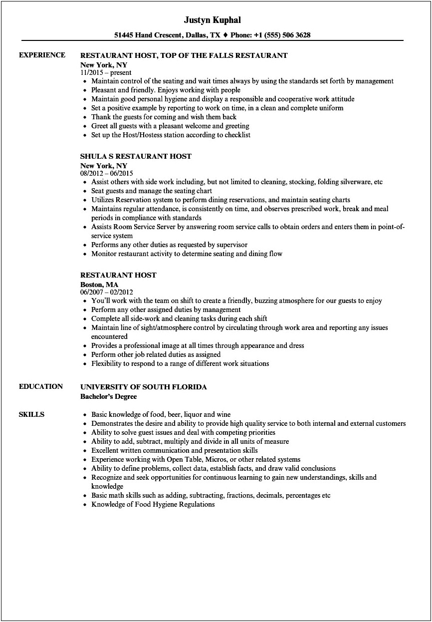Restaurant Host Job Description For Resume