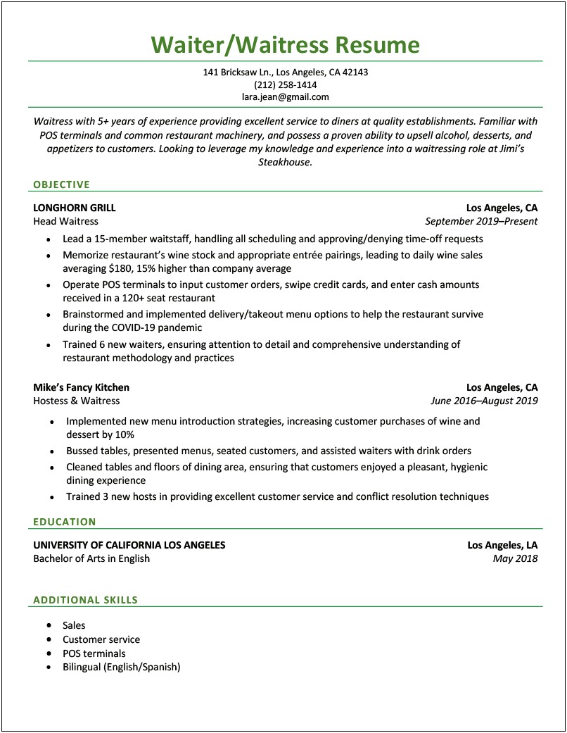 Restaurant Hostess Job Description For Resume