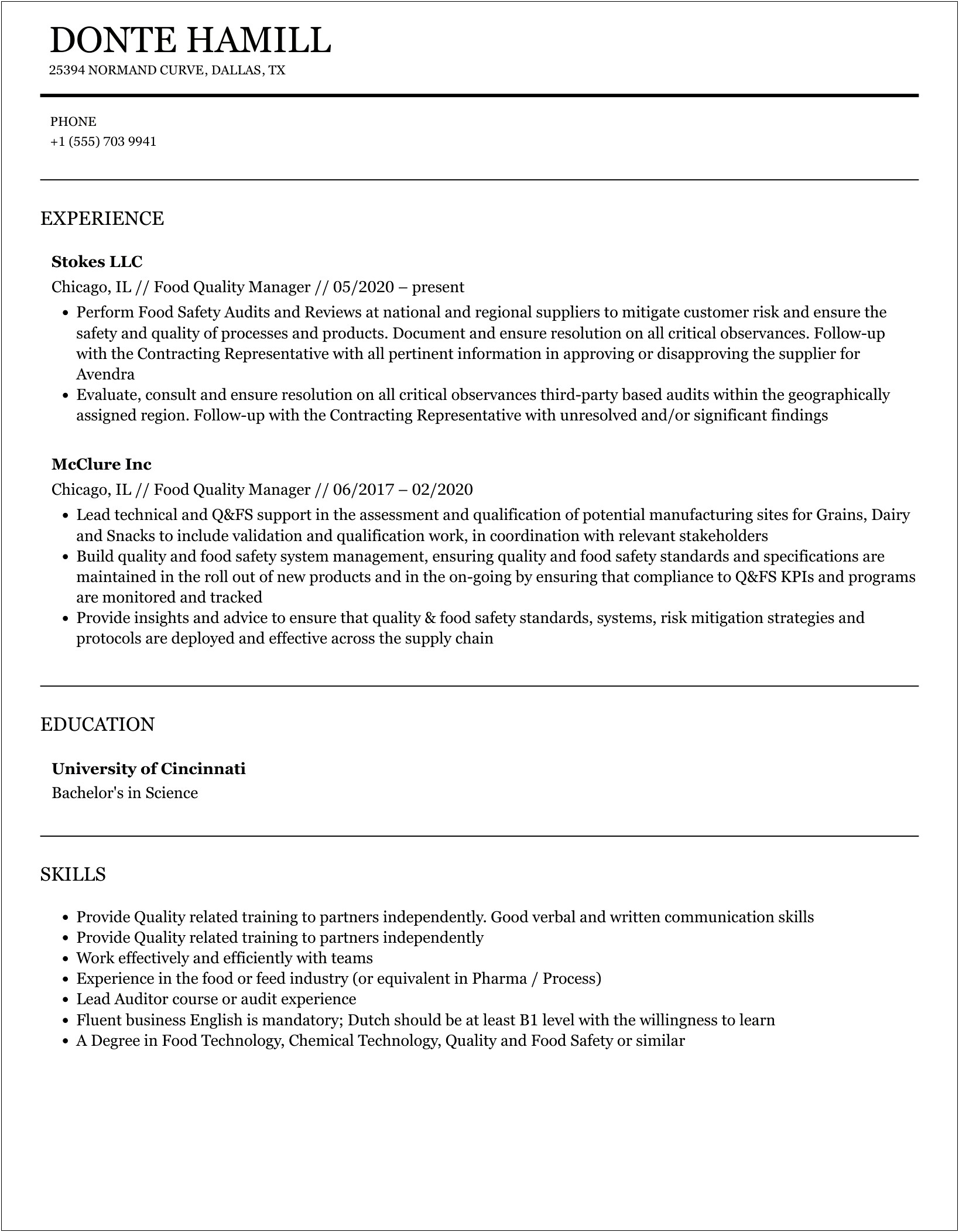 Restaurant Owner To Food Quality Manager Position Resume