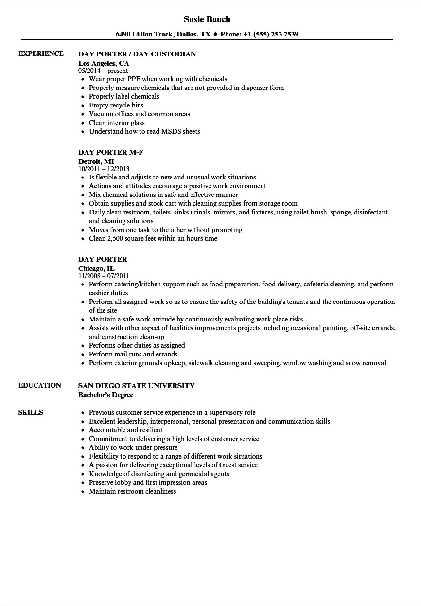 Restaurant Porter Job Description For Resume