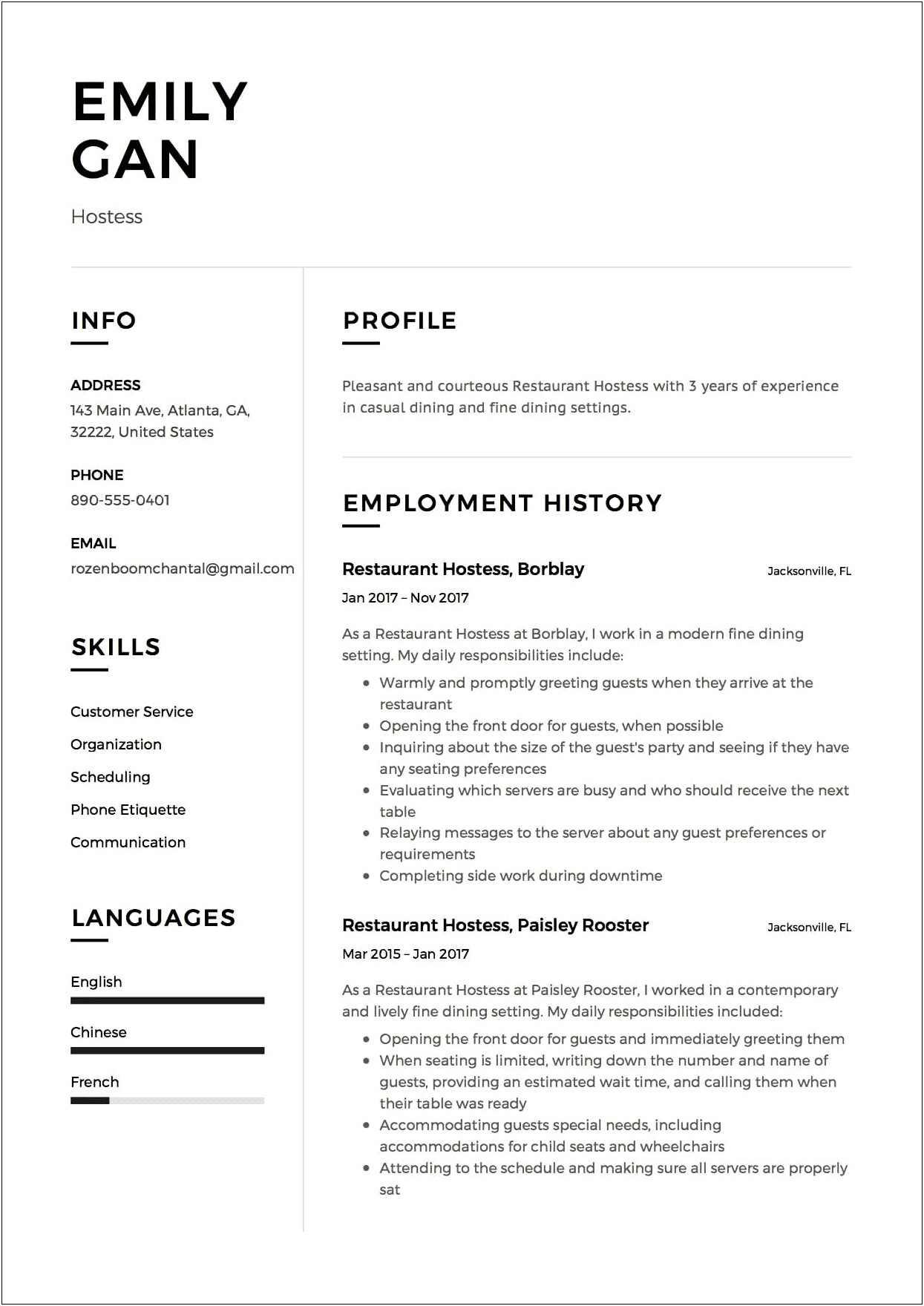 Restaurant Receptionist Job Description For Resume
