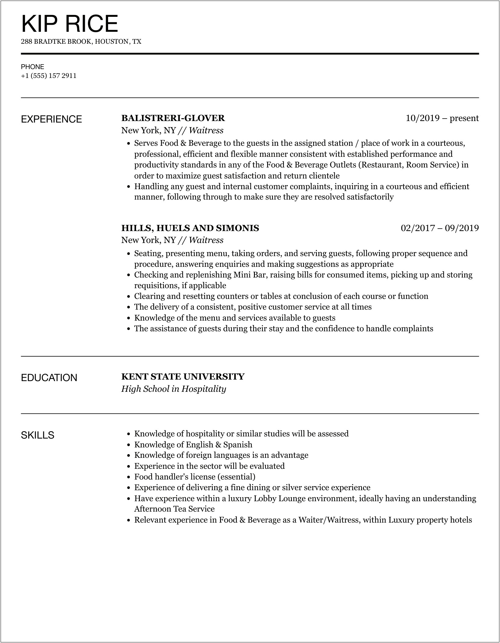 Restaurant Waitress Job Description For Resume