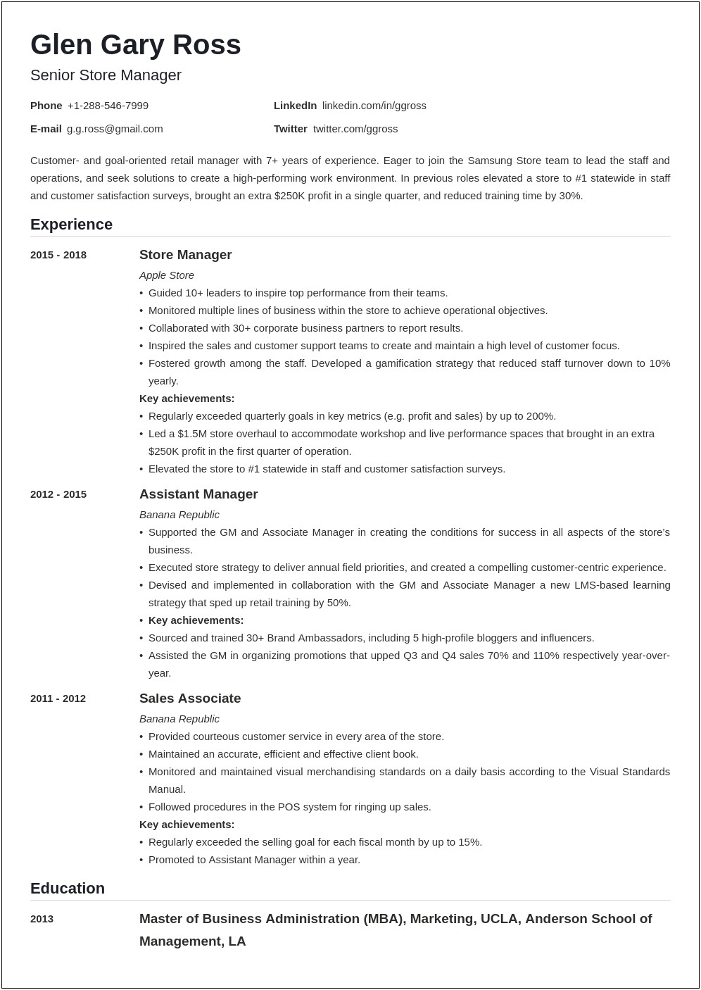 Resume 5 Years Experience Retail Store Experience