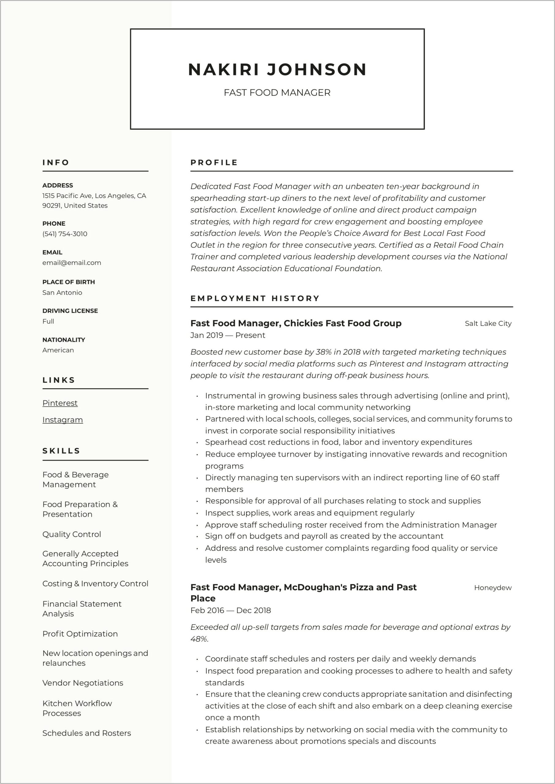 Resume Bullet Points For Food And Beverage Manager