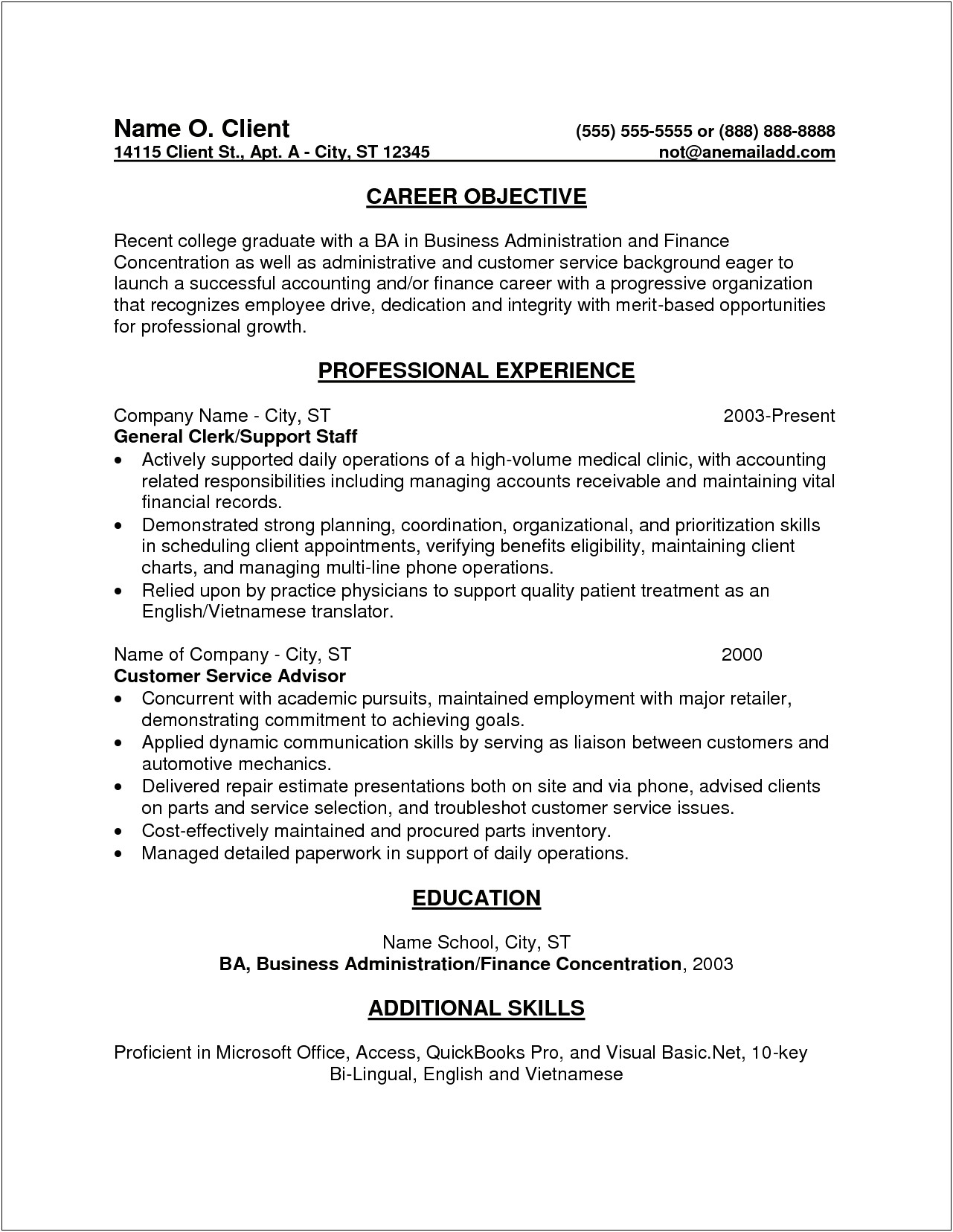 Resume Career Objective Examples Entry Level