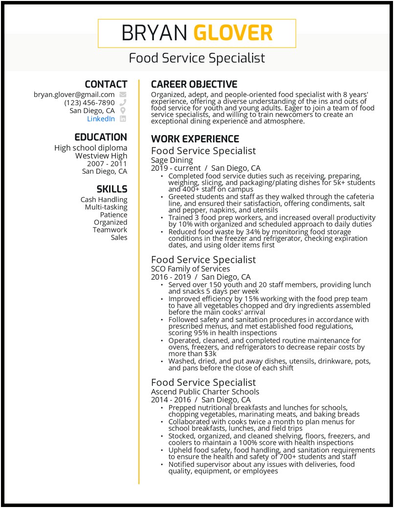 Resume Career Objective Examples Food Service