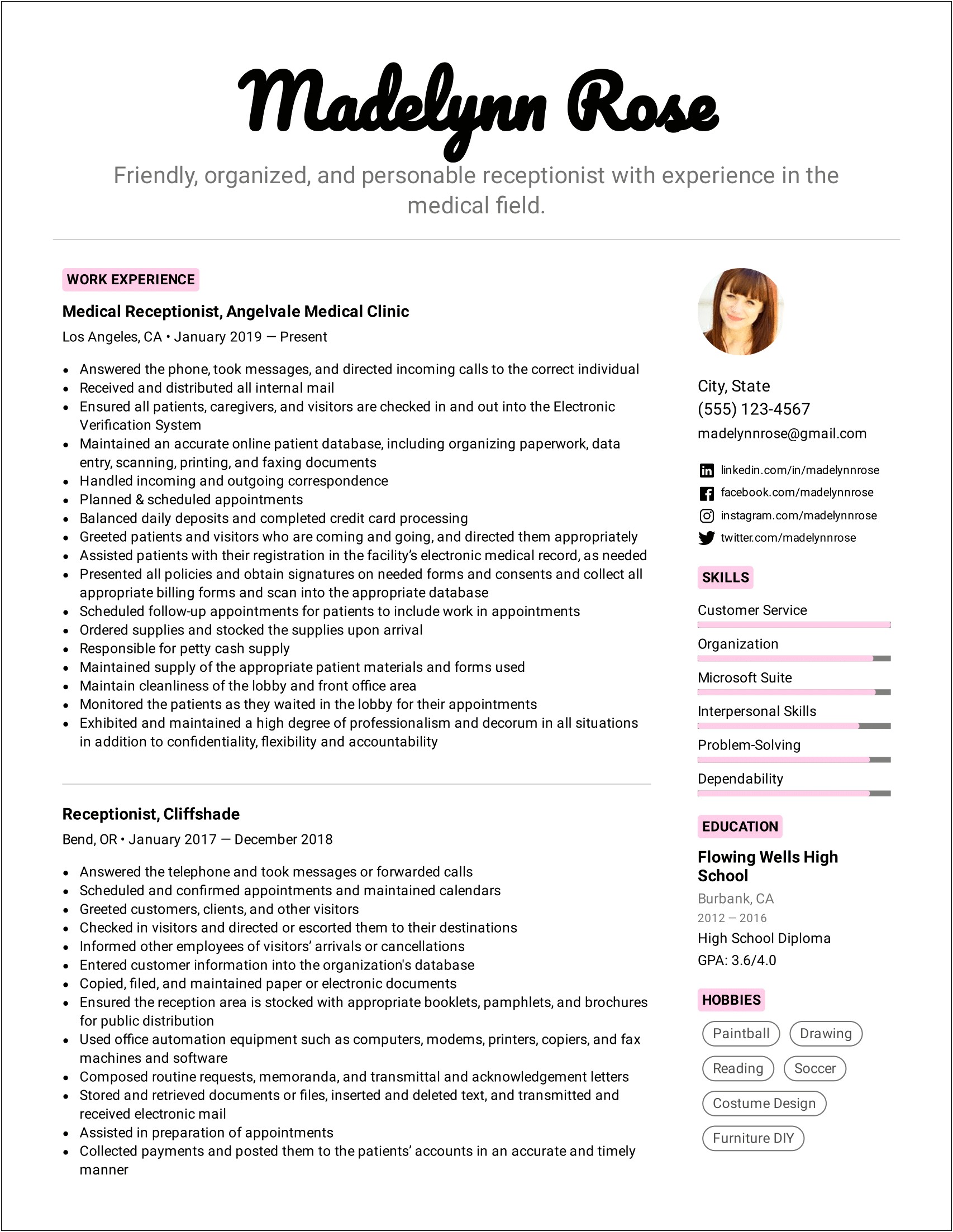 Resume Career Overview Example For Medical Receptionist