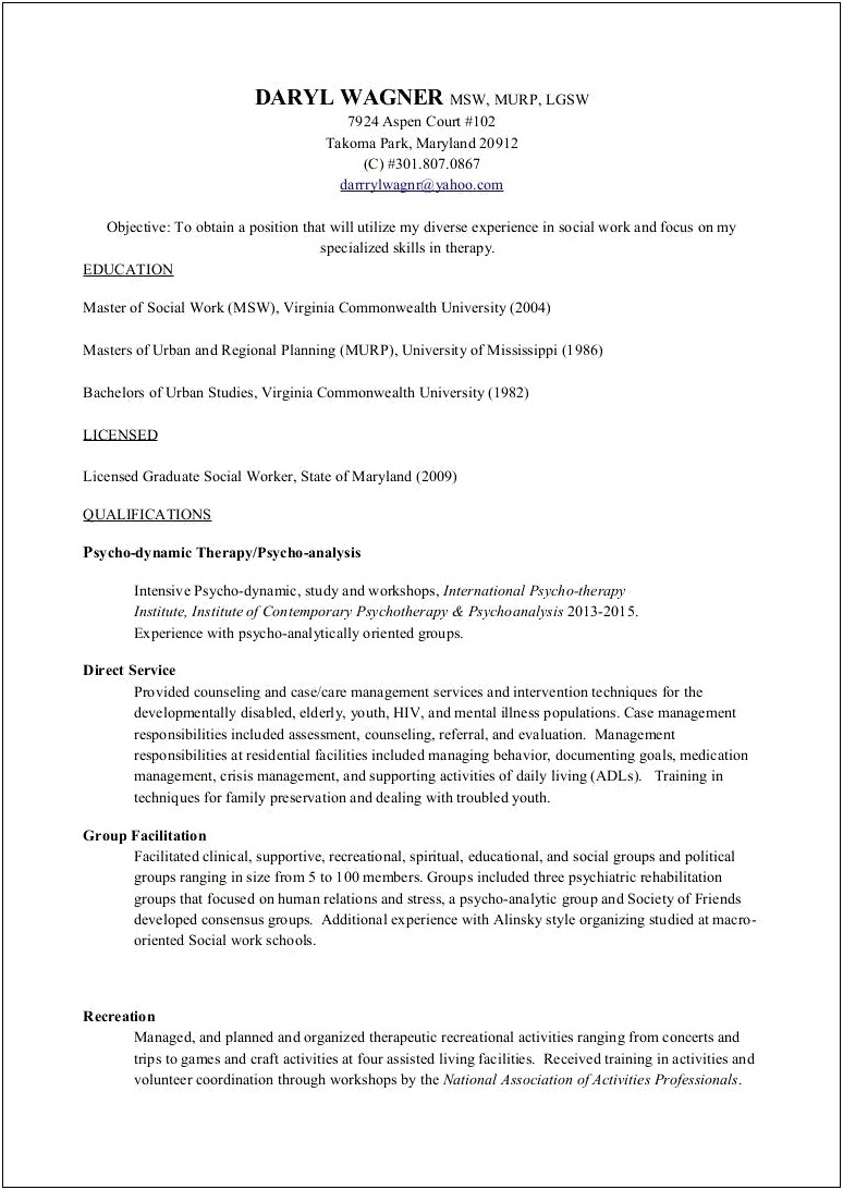 Resume Clinical Social Worker Focus Geriatric