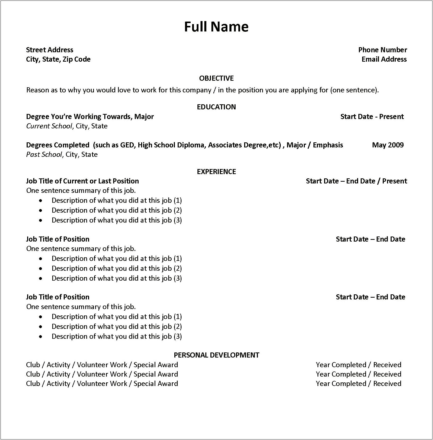 Resume College Freshman Never Worked Before