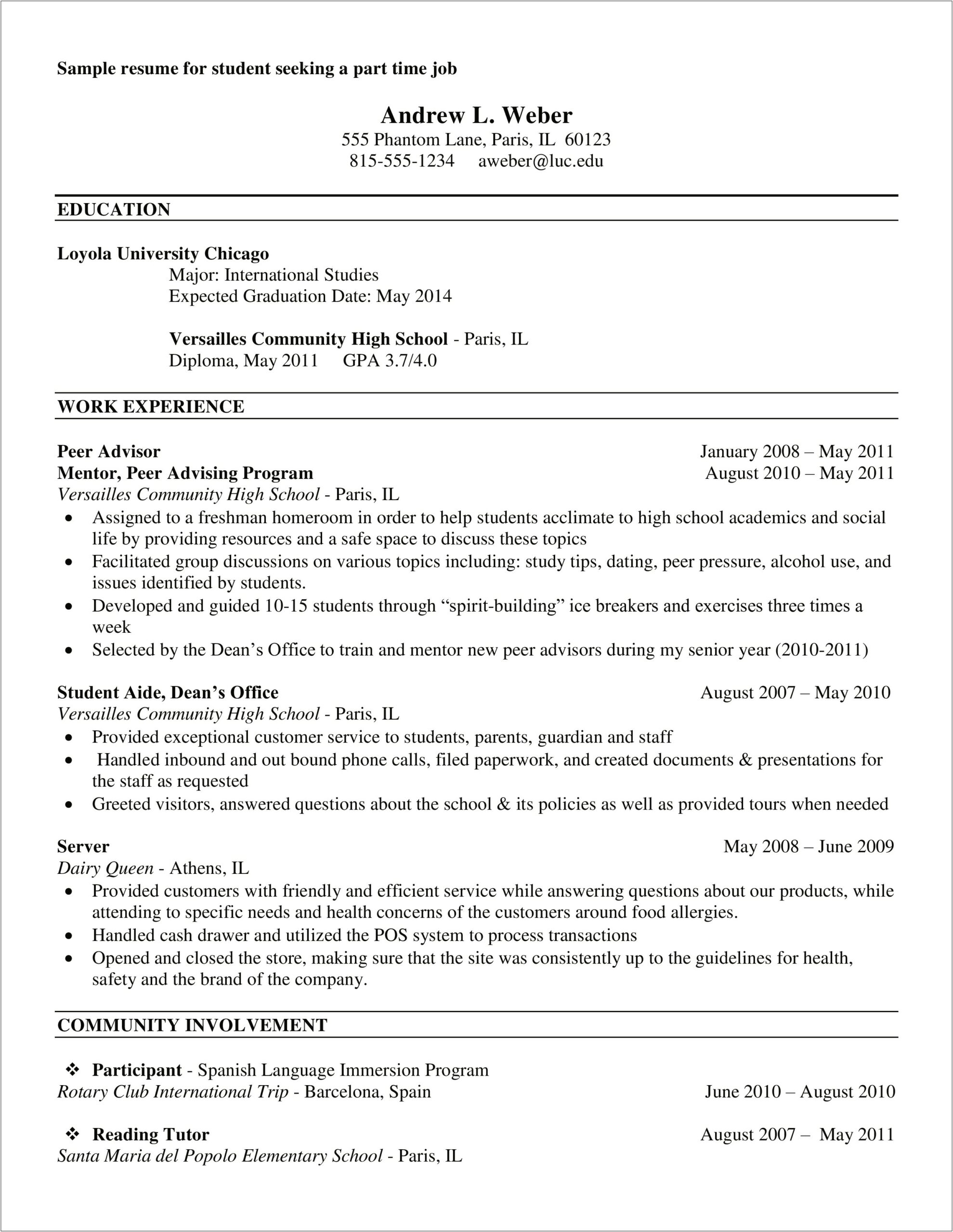 Resume College Student Part Time Job