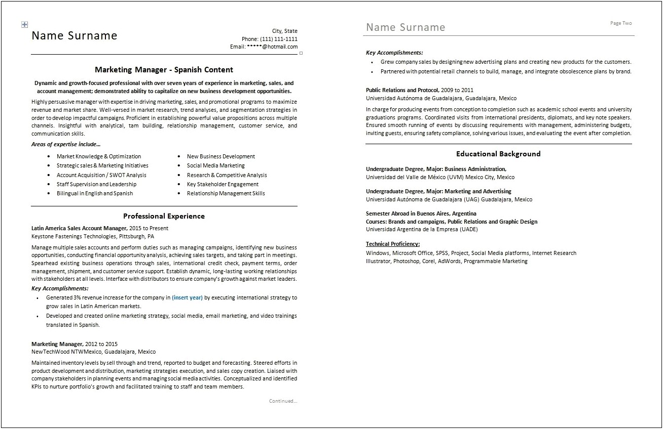 Resume Continued On Next Page Example