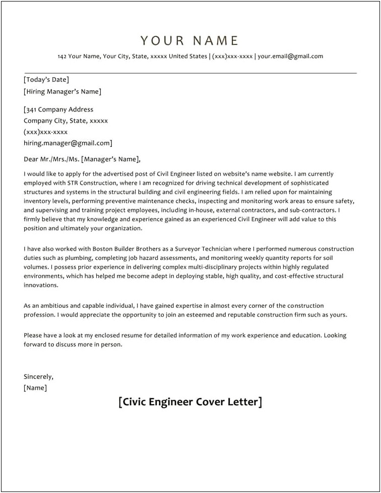 Resume Cover Letter Construction Project Manager