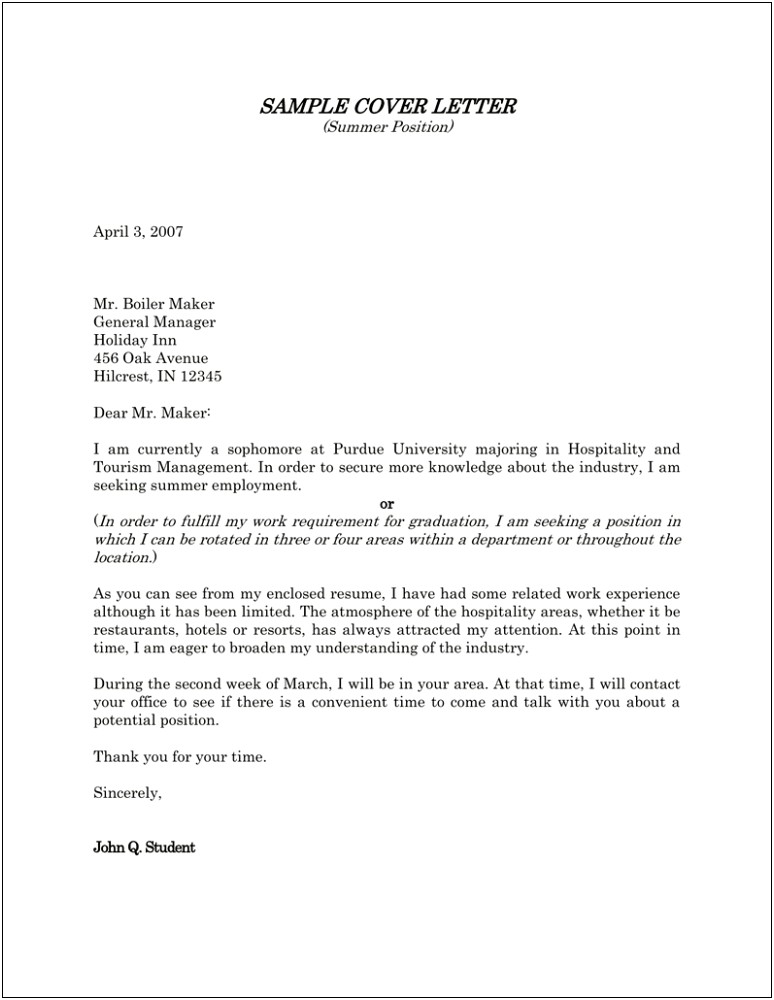 Resume Cover Letter Example Purdue Owl