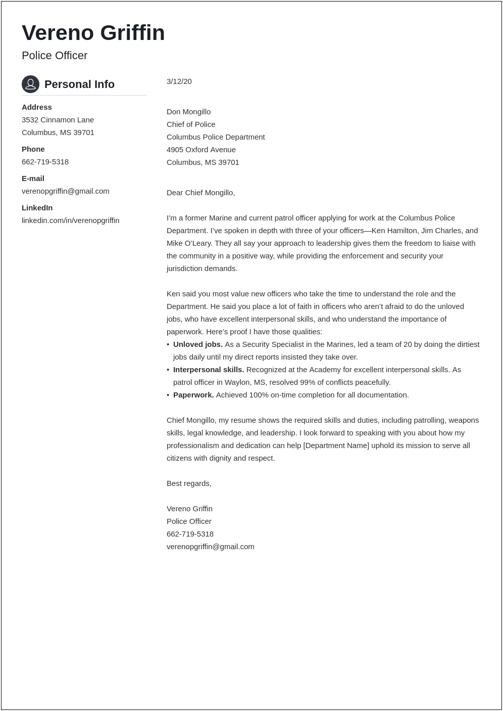Resume Cover Letter Examples For Police Officers