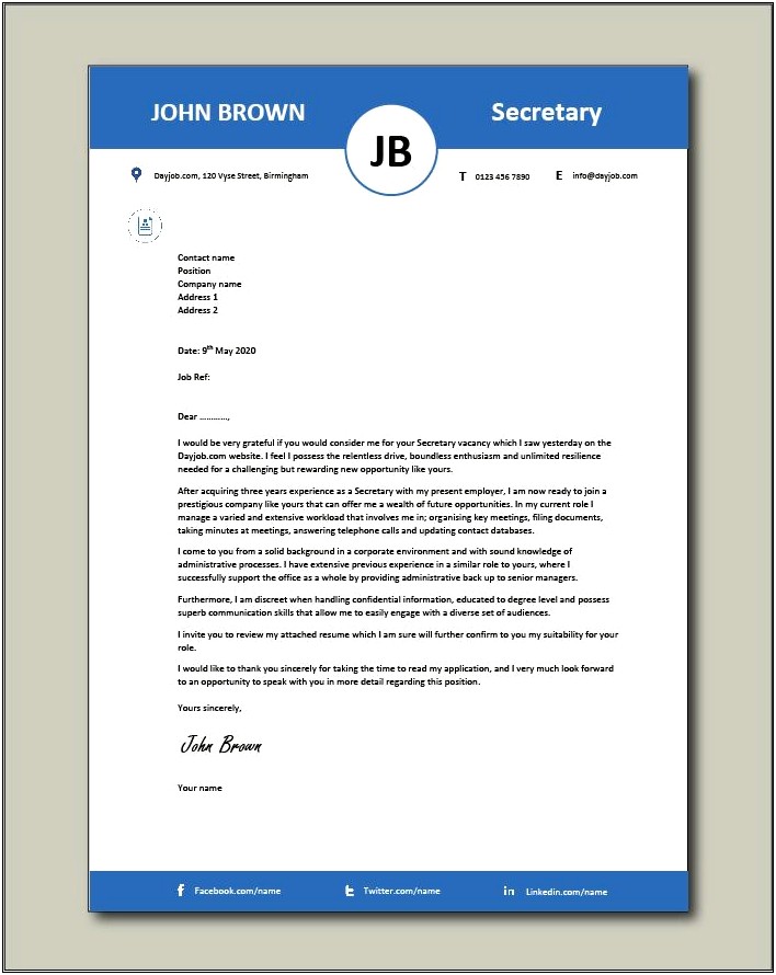 Resume Cover Letter Examples For Secretary