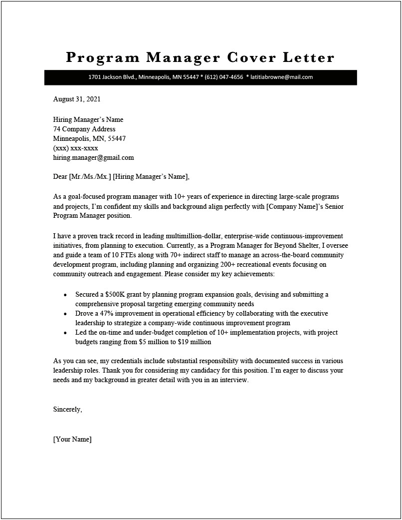 Resume Cover Letter Examples Operations Manager