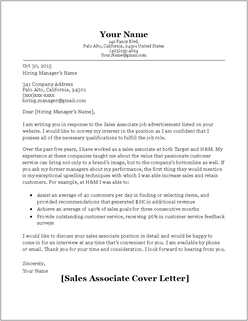 Resume Cover Letter Examples Sales Associate