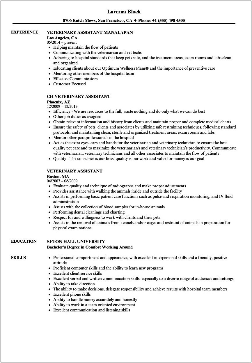 Resume Cover Letter Examples Vet Assistant