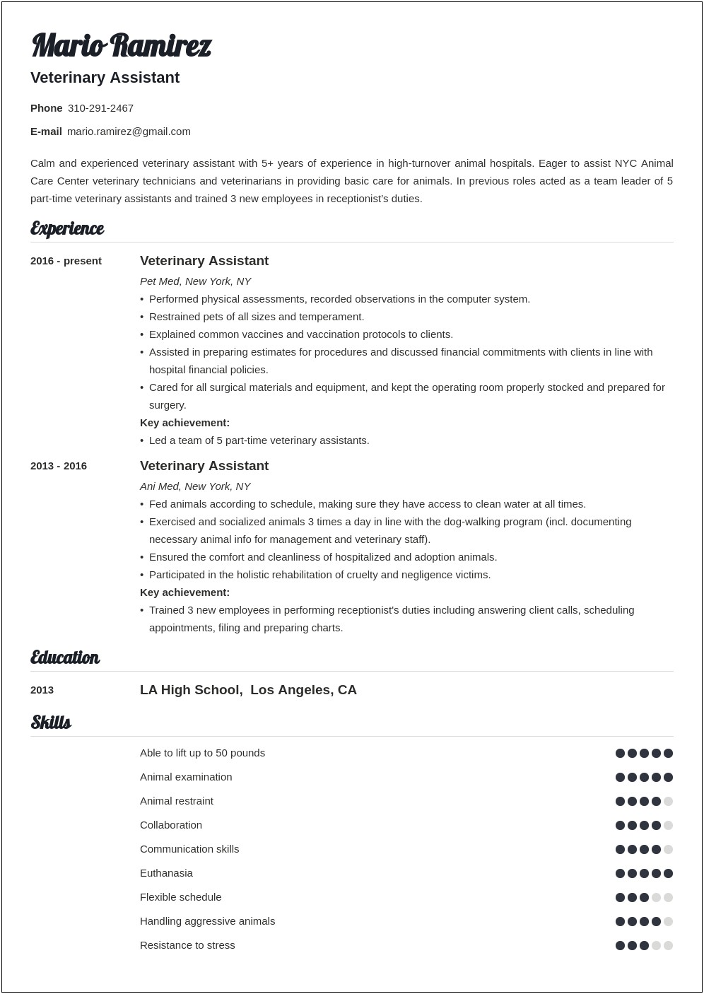 Resume Cover Letter Examples Veterinary Receptionist