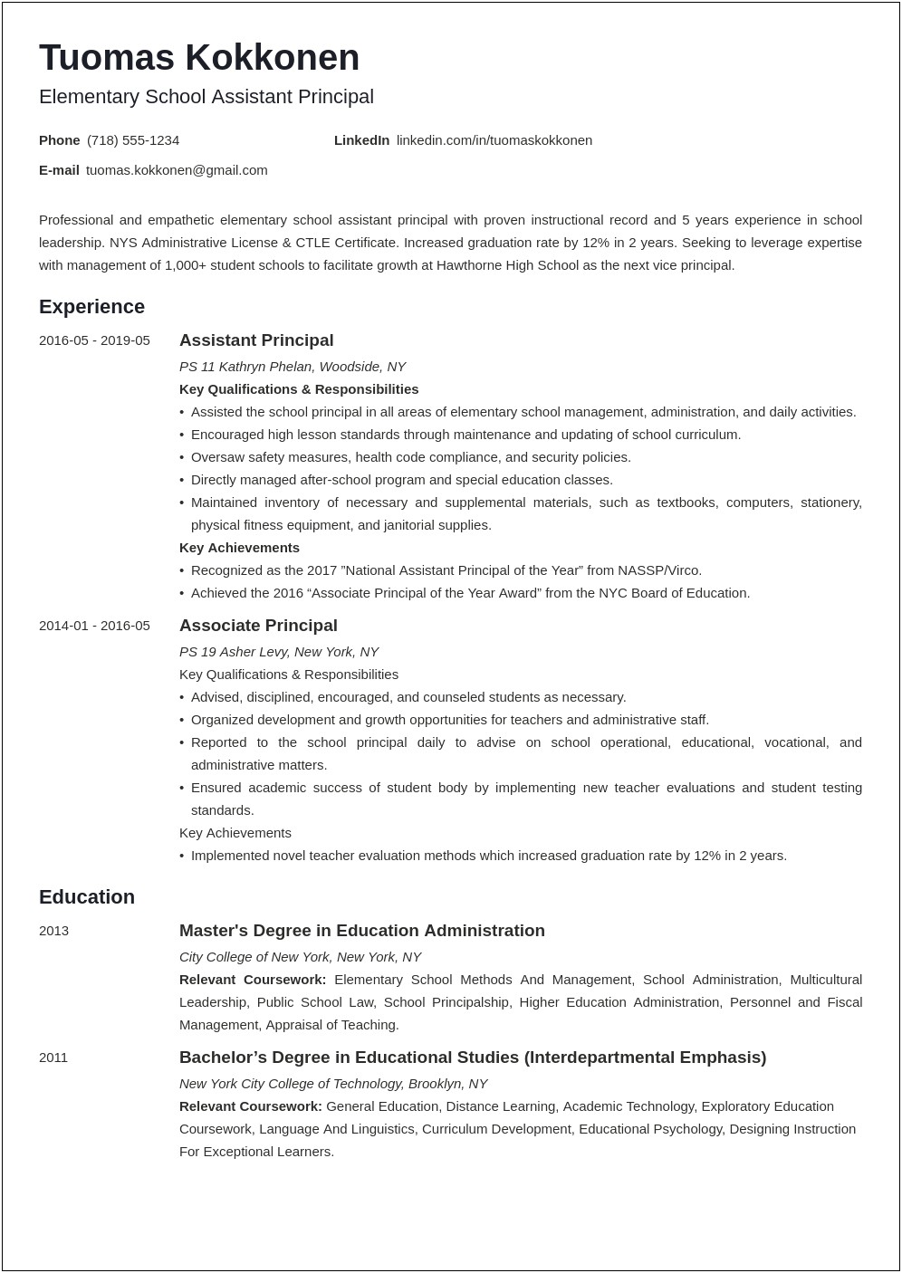 Resume Cover Letter For Assistant Principal