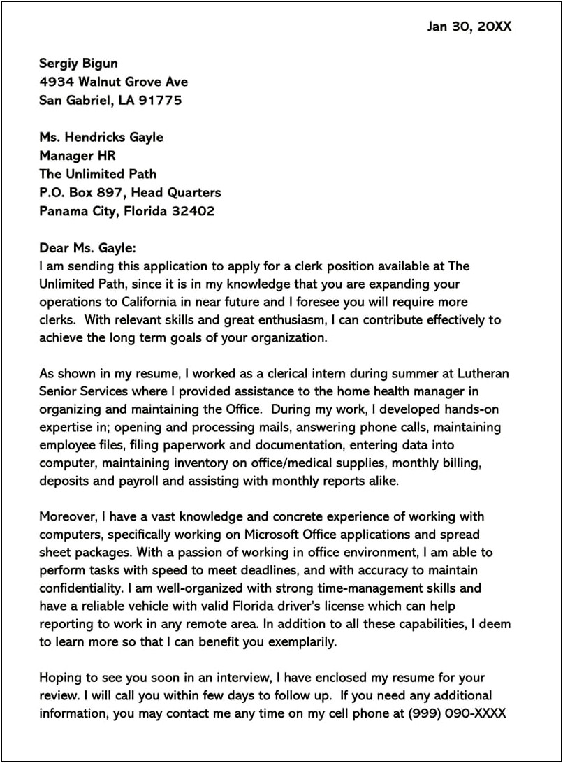 Resume Cover Letter For Clerical Work