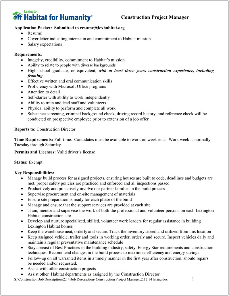 Resume Cover Letter For Construction Project Manager