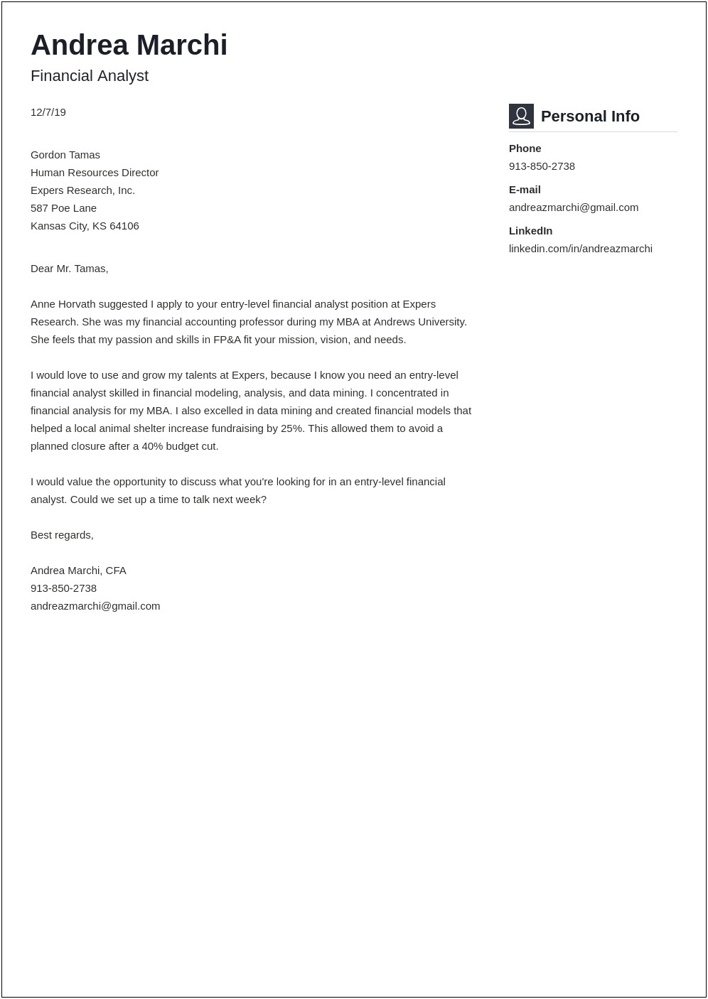 Resume Cover Letter For Financial Analyst
