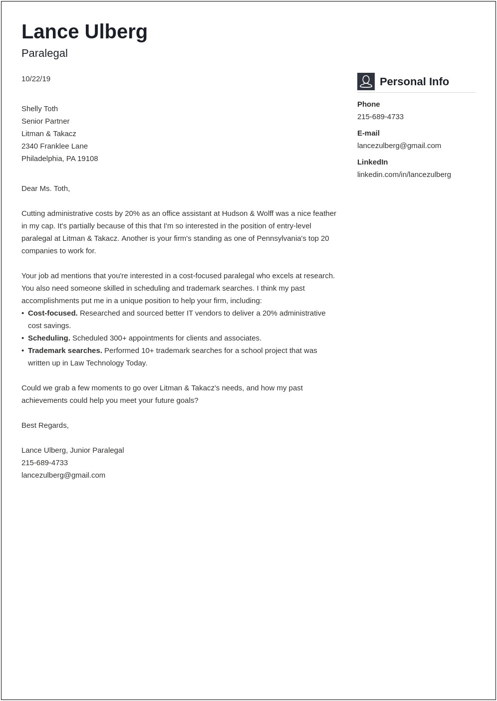 Resume Cover Letter For Paralegal Job