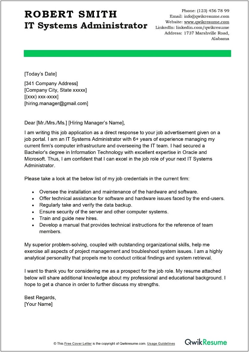 Resume Cover Letter For Systems Administrator