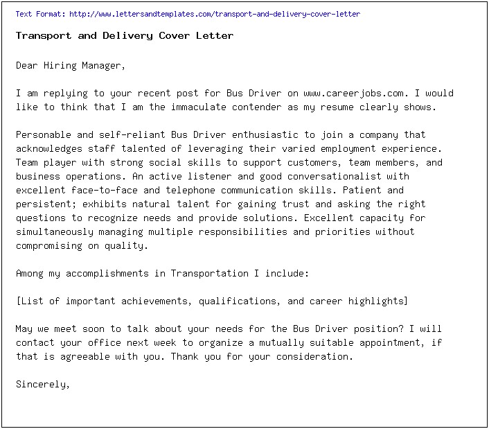 Resume Cover Letter For Transit Company