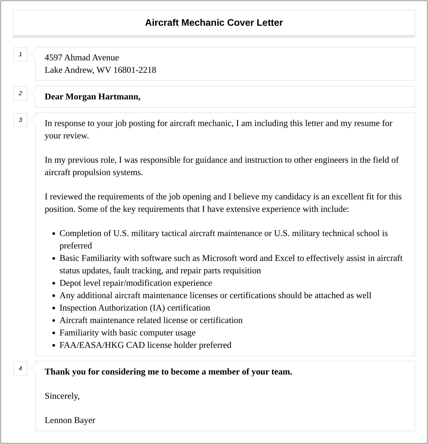 Resume Cover Letter Sample Aircraft Mechanic