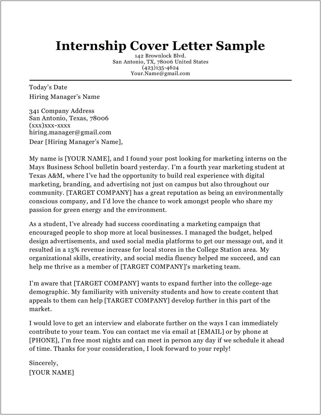 Resume Cover Letter Sample For Internship