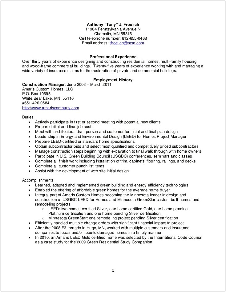 Resume Cover Letter Samples For Construction Manager