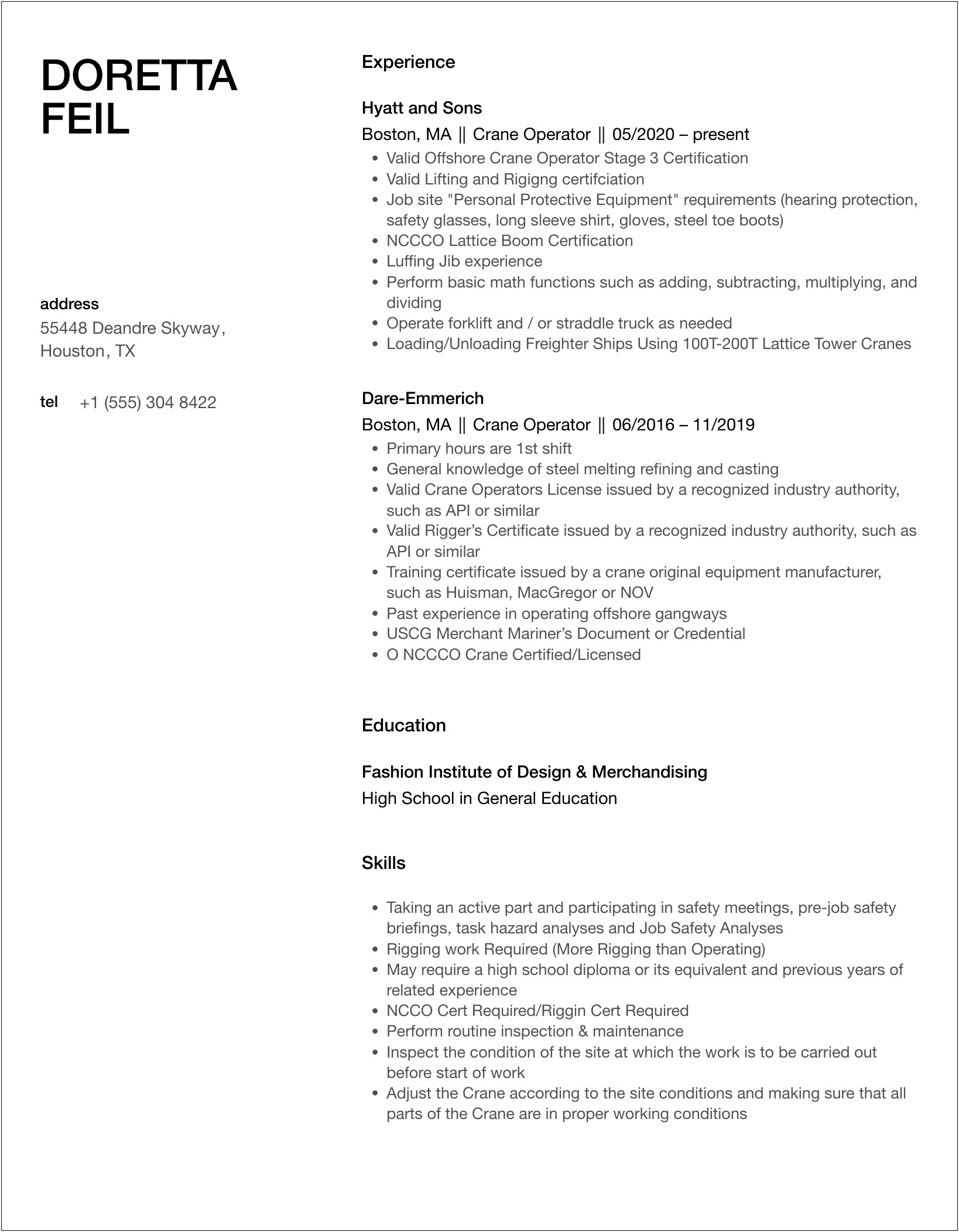 Resume Crane Operator Description Job Site