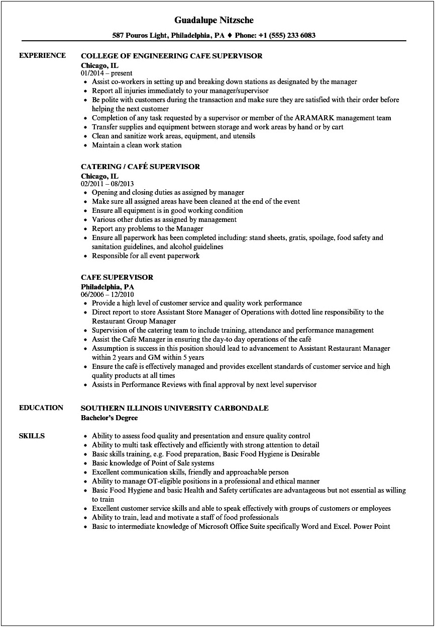 Resume Customer Service Skills Summary Shift Supervisor Barista