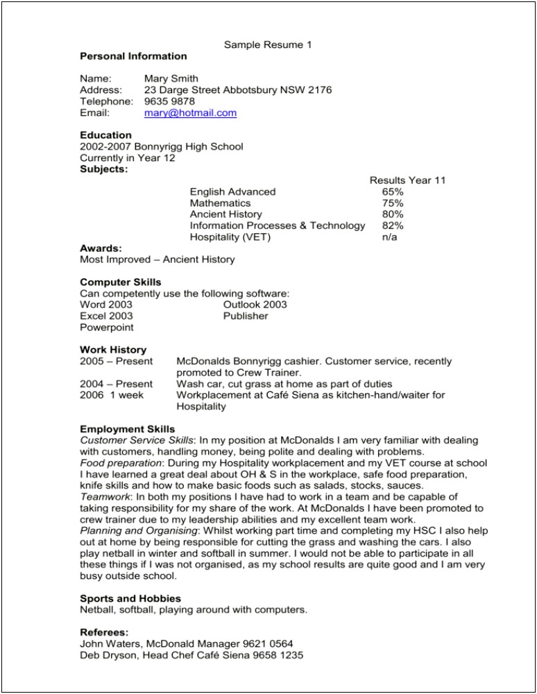 Resume Description For A Crew Member Mcdonalds