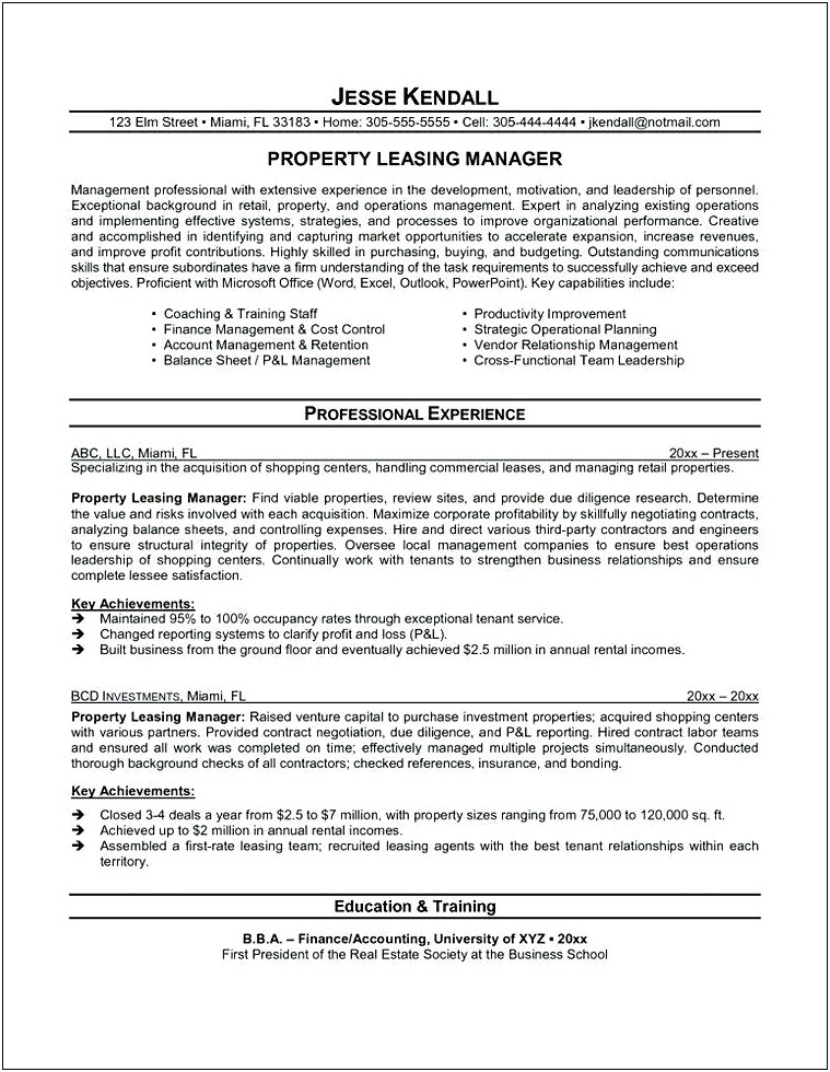 Resume Description For A Leasing Agent