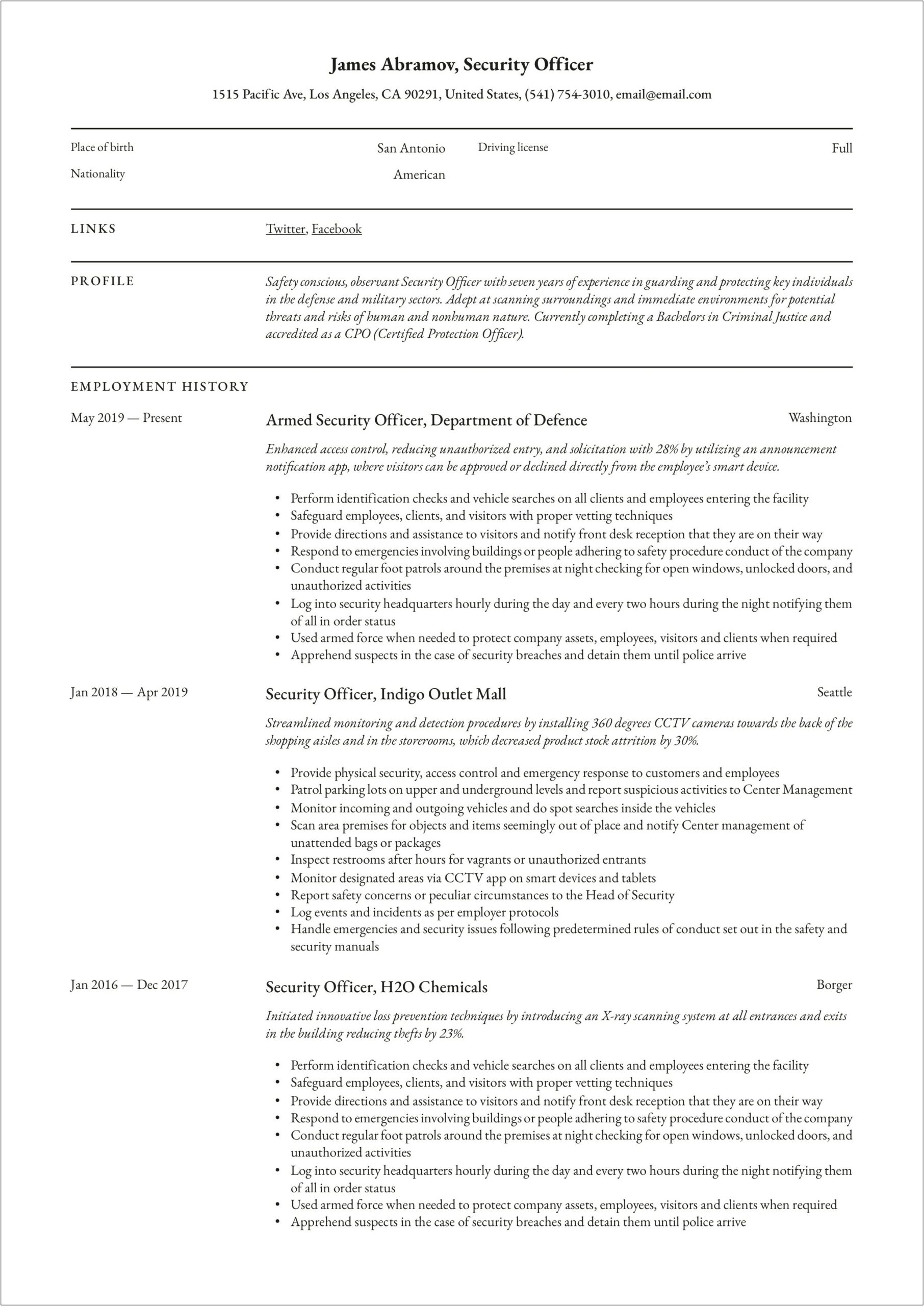 Resume Description For A Security Guard