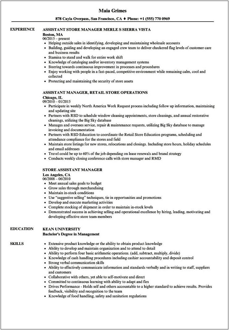 Resume Description For A Store Manager