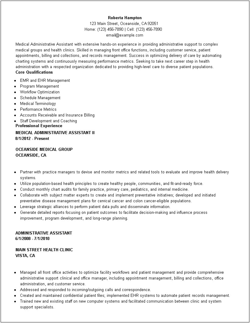 Resume Description For Medical Office Receptionist