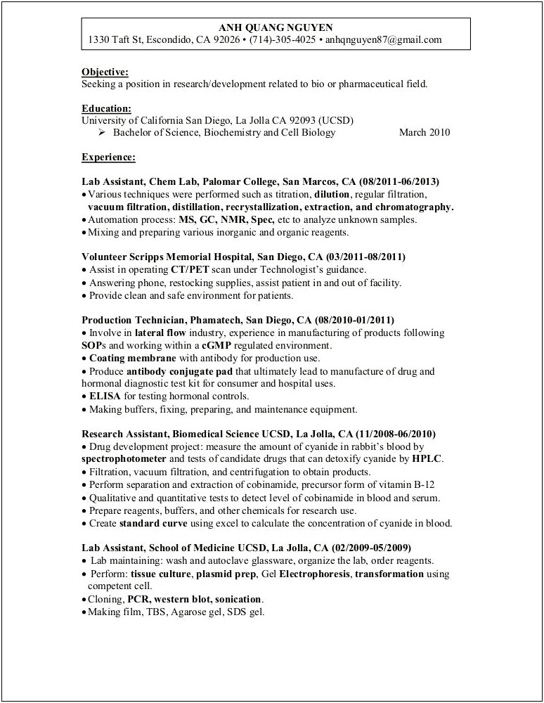 Resume Description For Organic Chemistry Lab Assistant