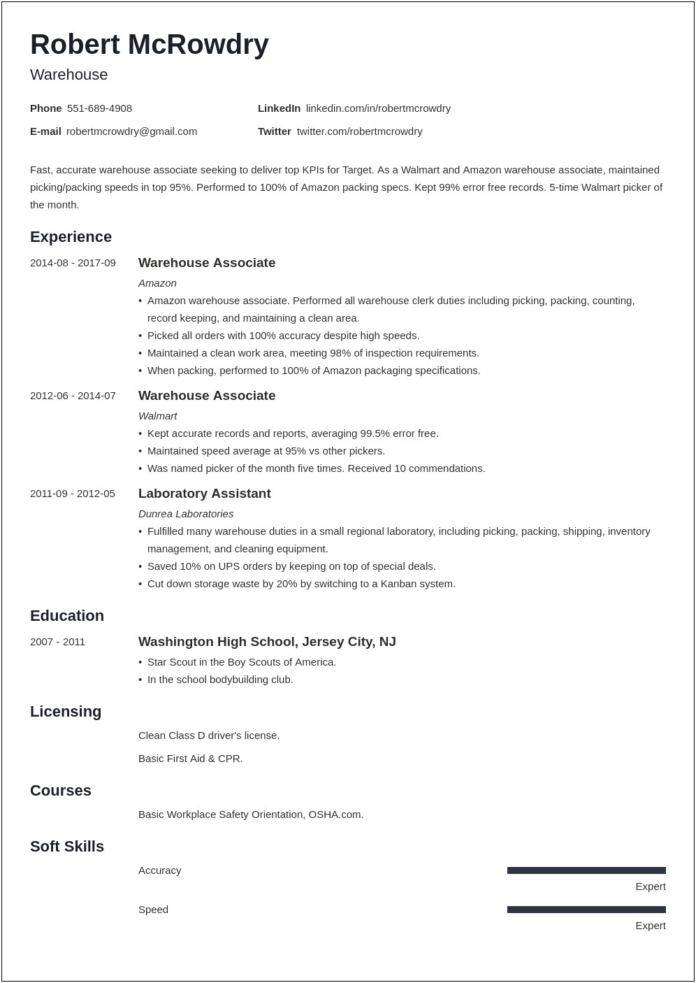 Resume Description For Picking And Packing